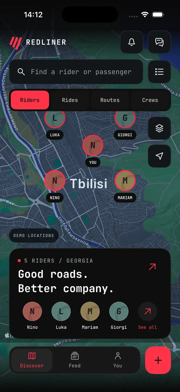 Redliner Discover screen showing demo riders on a map of Tbilisi