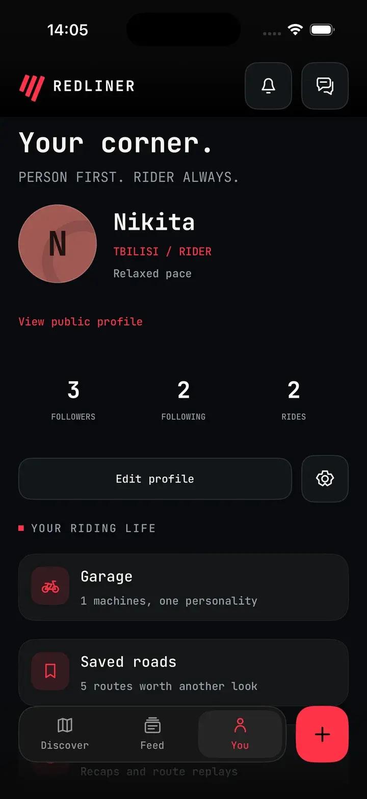Redliner rider profile and motorcycle garage